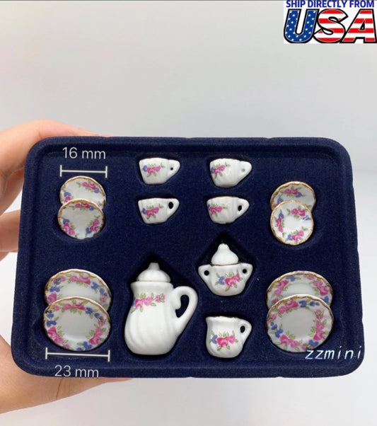 15pcs Doll House 1:12 Scale dish cup Miniature China Coffee Tea Set pink flower