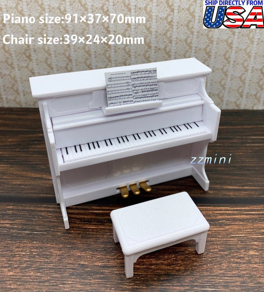 1:12 Dollhouse Miniature White Piano with Music Stool with free music book score