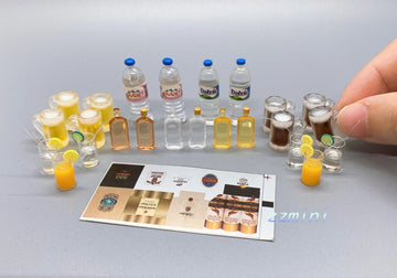 24pcs Dollhouse Miniature 1/12 scale Whisky Water Bottle Beer Cups Wine Drinks Green Yellow Lemon Orange Juice