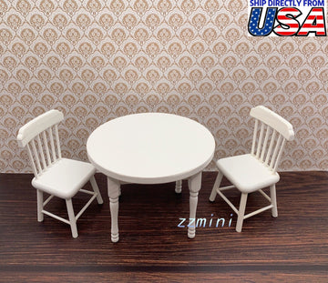 Dollhouse Miniature 1:12 White 3pcs Dining Room Round Table Chair Set Furniture