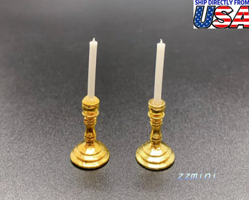 1/12 DIY DollHouse Miniature 1 Pair Gold Mini Candlesticks White Candles Decoration