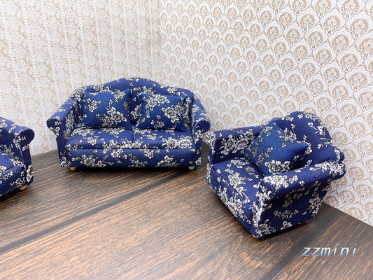 7pcs Dollhouse 1/12 Living Room Miniature Blue Sofa Set Armchair Cushions Furniture