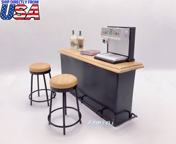 Miniature 1/12 Bar Counter 3PCS(1Table&2 Stools) Pub Dollhouse Furniture Taproom