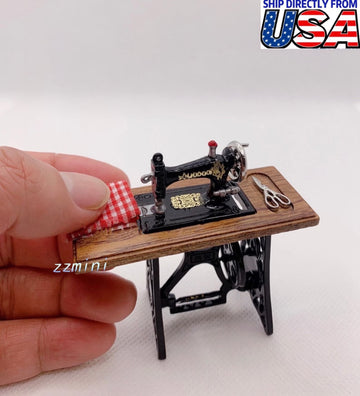 1/12 Miniature Sewing Machine Dollhouse Furniture With Scissor&Red Cloth Toy