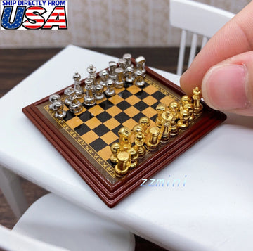1/12 Dollhouse Miniature Toy Metal Silver & Golden Chess and Board Set Play Game Decoration