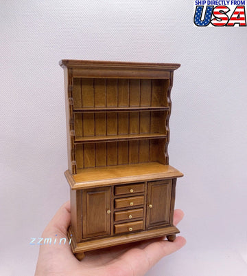 1/12 Dollhouse Walnut Miniature Wood Multifunction Cabinet Bookcase Furniture