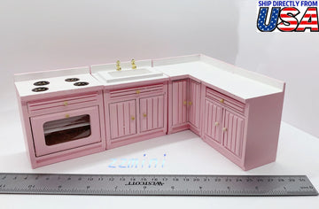 4pc Kitchen set Dollhouse Pink Miniature Cupboard Corner Stove Sink Cabinet