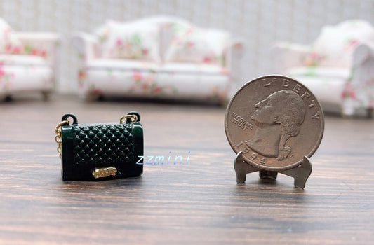 1/12 Dollhouse Miniature Handbag Purse Classic Dark Green Bag Golden Hardware