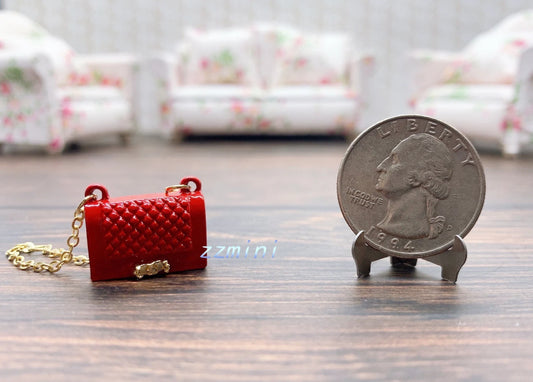 1/12 Dollhouse Miniature Handbag Purse Classic Red Bag Golden Hardware