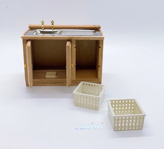 1/12 Dollhouse Natural Oak Wooden Kitchen Stainless Steel Sink Dish Drainer Basket Bathroom Cabinet Miniature Furniture