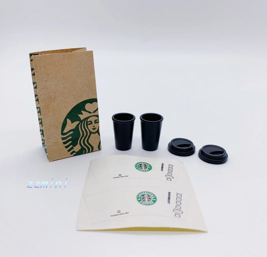 1/6 Dollhouse Miniature BJD SD Starbucks 2 Coffee Cup + 1 Paper Bag Bar Drink