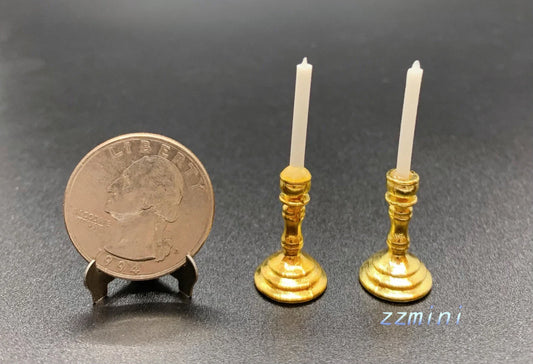 1/12 DIY DollHouse Miniature 1 Pair Gold Mini Candlesticks White Candles Decoration