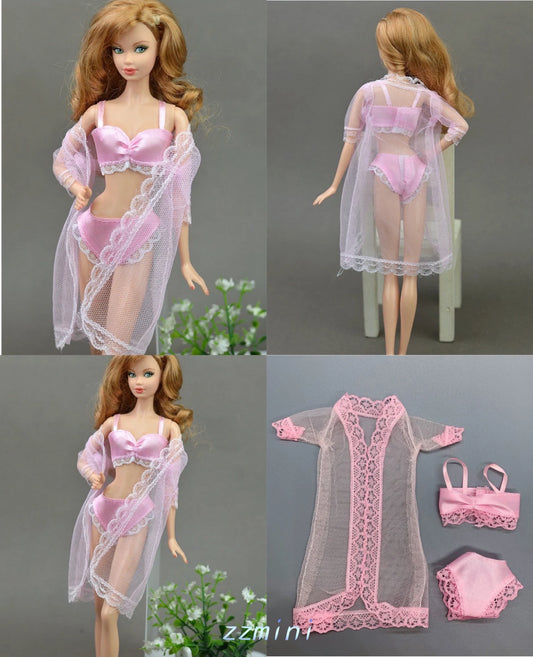 Fashion Doll 4PCS 1/6 Color Lingerie Set 4 Color For 30cm/11.5in Fashion Long Coat+ Bra+ Underwear Clothes