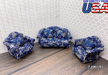 7pcs Dollhouse 1/12 Living Room Miniature Blue Sofa Set Armchair Cushions Furniture