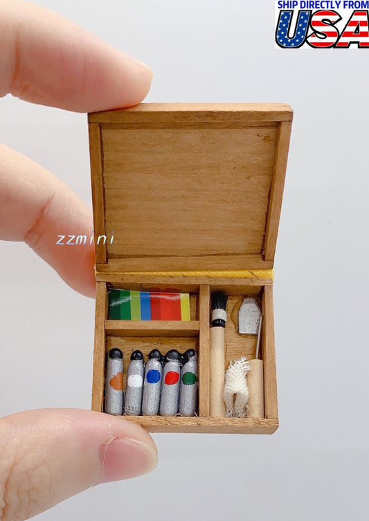 1:12 Dollhouse Miniature Artist Wood Oil Paint Knife Brushes Tool Box Pigment Home Decoration Accessory Toy