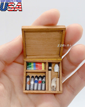 1:12 Dollhouse Miniature Artist Wood Oil Paint Knife Brushes Tool Box Pigment Home Decoration Accessory Toy