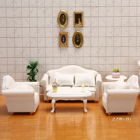 7pcs Dollhouse 1/12 Living Room Miniature White Sofa Set Armchair Cushions Furniture