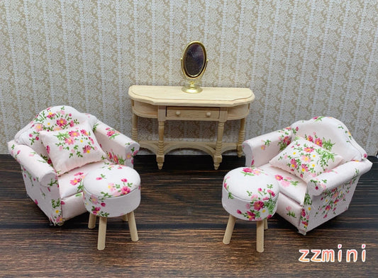 1/12 Dollhouse Miniatures Round Ottoman White and Pink Flower Chair Living Bedroom Handmade Furniture