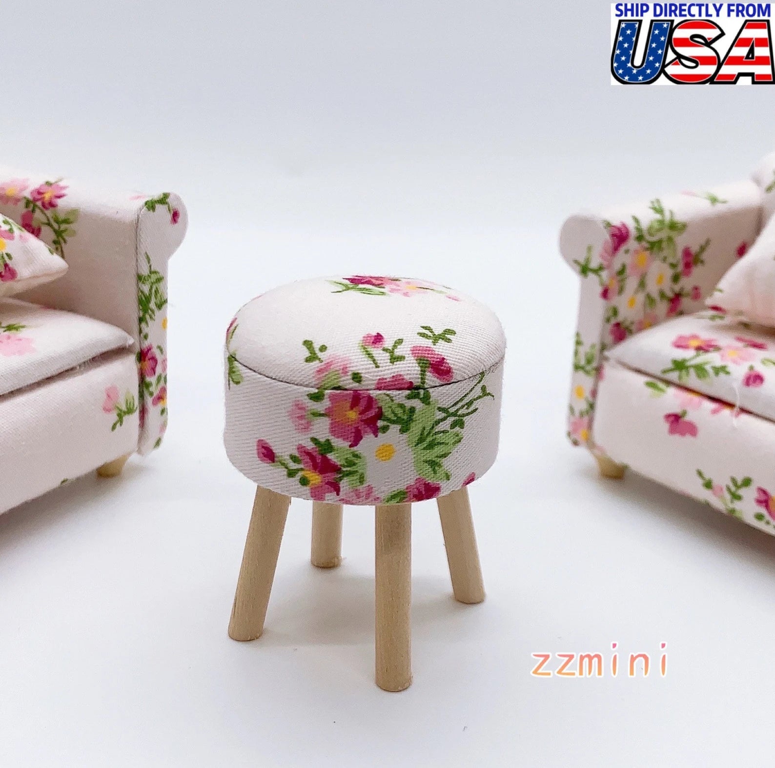 1/12 Dollhouse Miniatures Round Ottoman White and Pink Flower Chair Living Bedroom Handmade Furniture