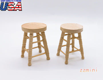 1/12 Dollhouse Miniature 2pcs/Set Unfinished Wood Circle Top Chair Natural Wood Color Bar Stool Furniture