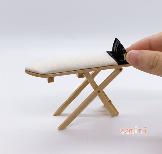 1:12 Miniature Dollhouse Wooden Vintage Victorian Ironing Board with Iron Clothes Heat Press Tool Antique Doll Bedroom Furniture Decoration