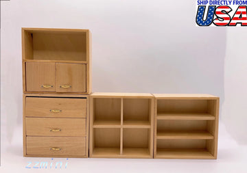 1/12 Miniature Burlywood Combination Cabinet Set Dollhouse Shelves Accessory Toy