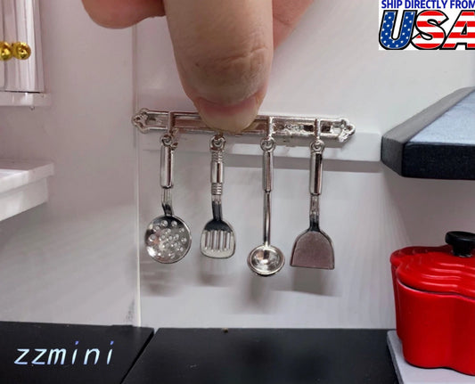 1/12 Miniature Dollhouse Silver Metal kitchen Cooking Set Rack Tools Accessories