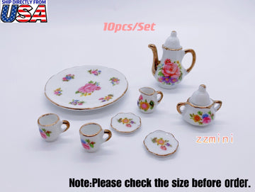 10Pcs Dollhouse 1/6 Miniature Ceramics Porcelain Tea Coffee Set Pot Cups Teapot Decoration Toy Gift