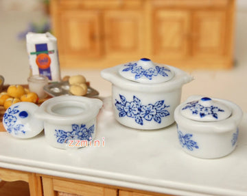 1:12 Dollhouse Miniatures 6PCS Mini Ceramic Cooking Soup Pots with Lids Kitchen Cookware Decorations Toy