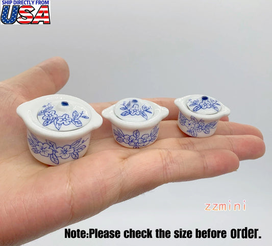 1:12 Dollhouse Miniatures 6PCS Mini Ceramic Cooking Soup Pots with Lids Kitchen Cookware Decorations Toy