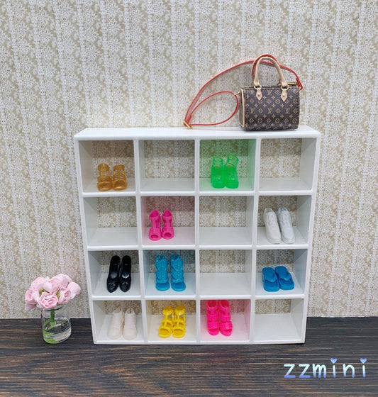 1/12 Dollhouse Miniature 16 Grid White Shelves Cabinet Storage Rack Organizer Handmade Wooden Furniture Decoration