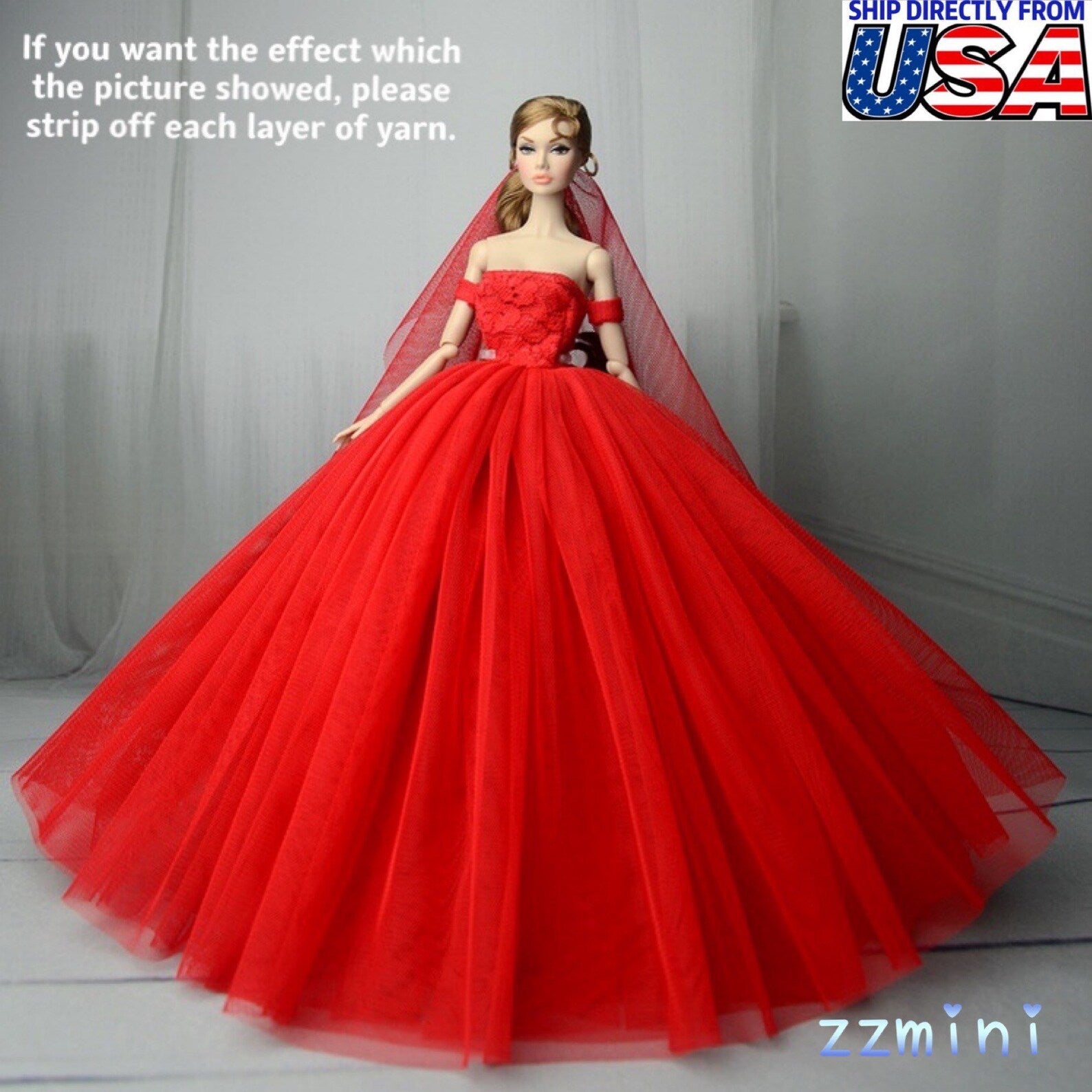 Christmas Red Wedding Dress for 11.5inch Fashion Doll Tiffany Blue Long Evening Dress 1/6 Clothes with free Head Veil