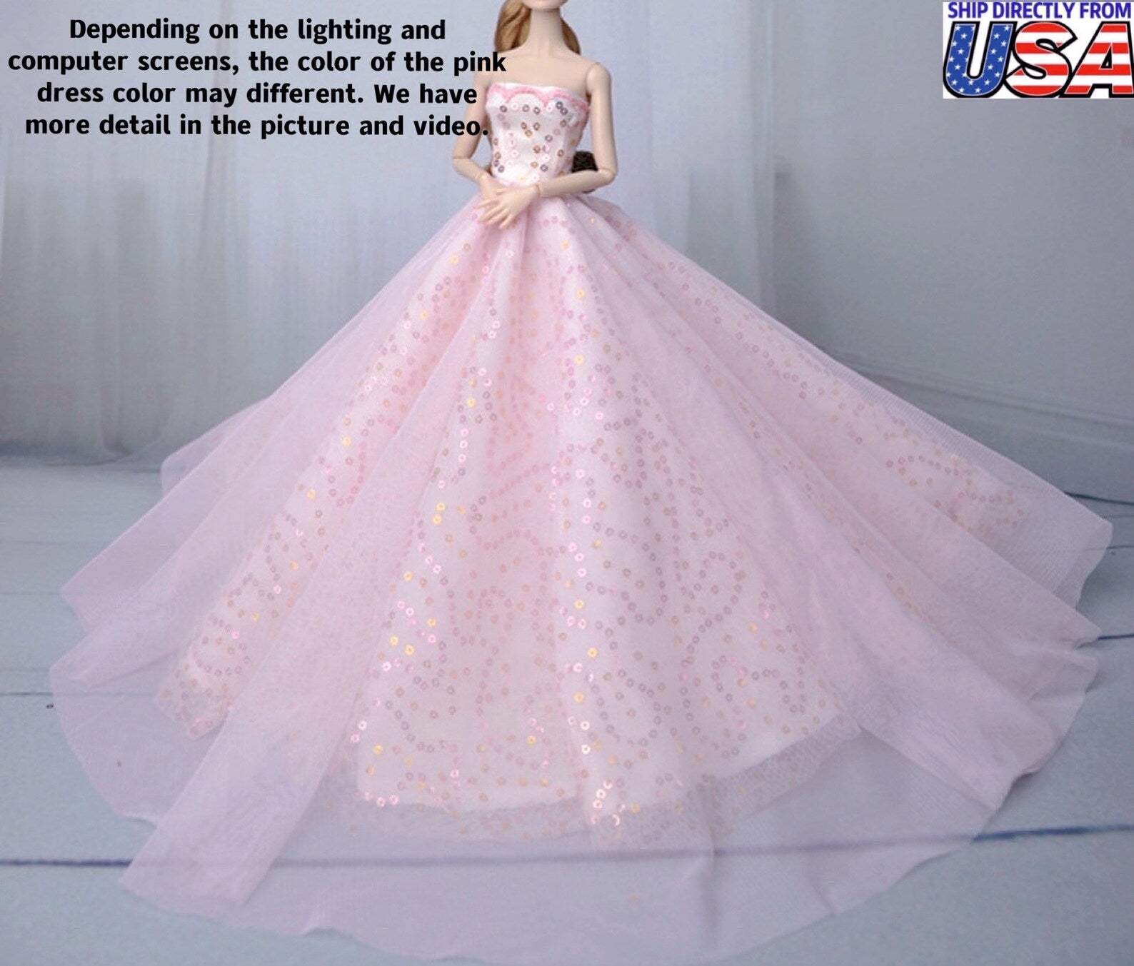 Pink Bling Bling Wedding Dress for 11.5inch/30cm Fashion Doll Princess Elegant Long Evening Dresses Doll 1/6 Clothes