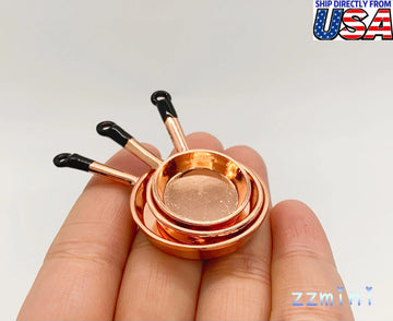 1:12 Dollhouse Miniatures 3PCS For One Set Bronze Mini Frying Pan Pots Mini Kitchen Cookware Decoration Toy