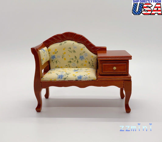 1/12 Dollhouse Miniature Elegance Rosewood Armchair Sofa with Drawer Flower Print Couch Model Furniture Decoration