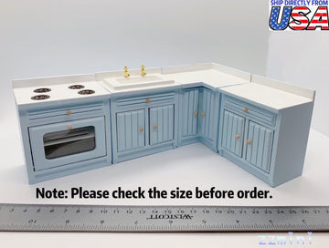 4pc Kitchen set Dollhouse Blue Miniature Cupboard Corner Stove Sink Cabinet