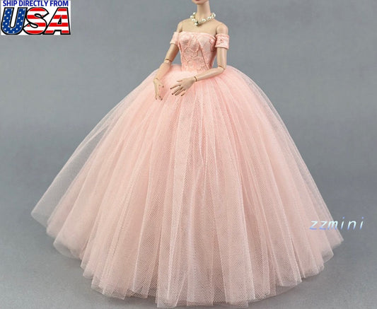 Pink Wedding Dress for 11.5inch Fashion Doll Long Evening Dress 1/6 Clothes with free Head Veil