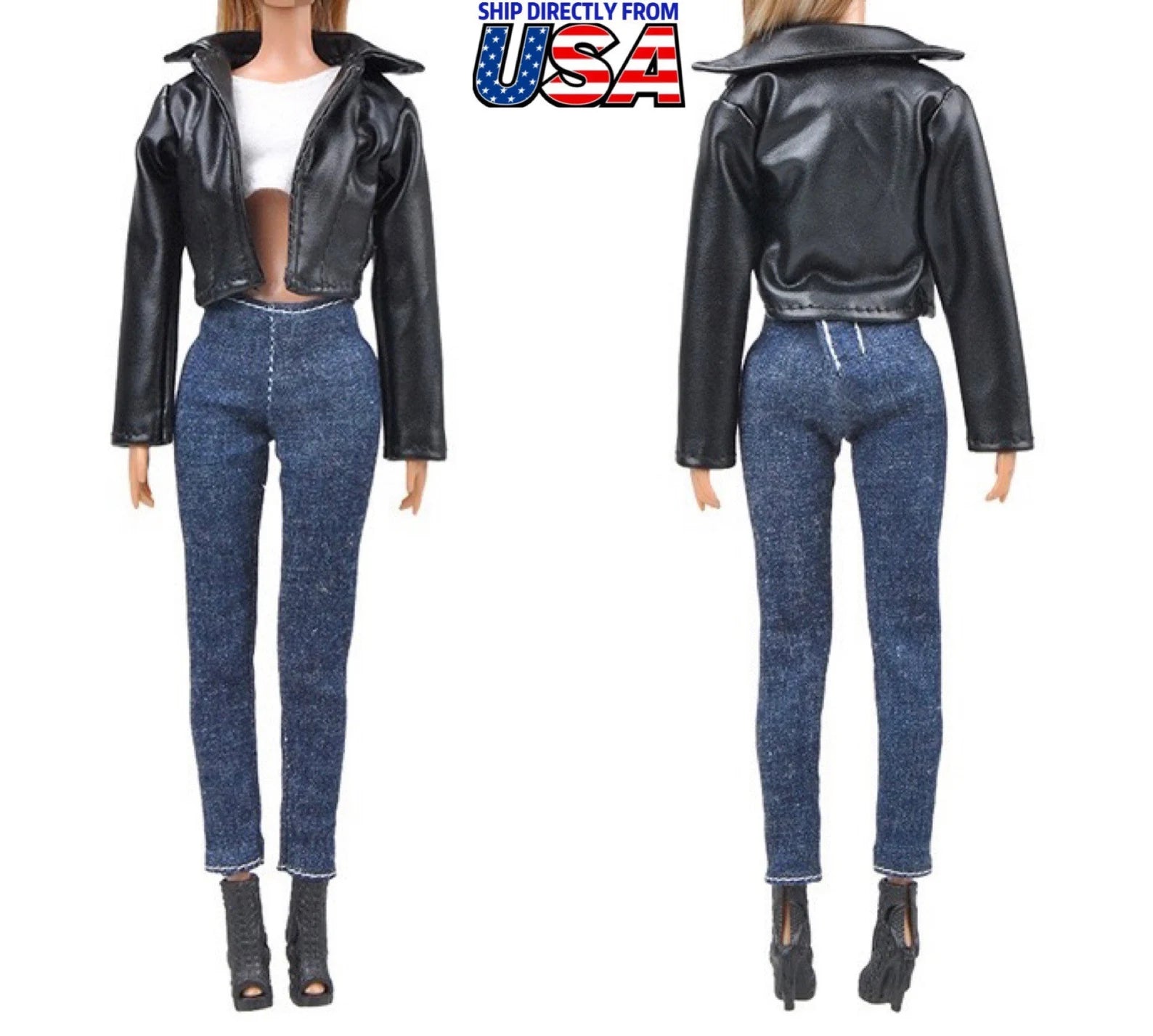 3pcs Handmade Leather Jacket+White Tee+Jeans For 11.5inch Fashion Doll Princess Top Doll Clothes 1/6 Toy