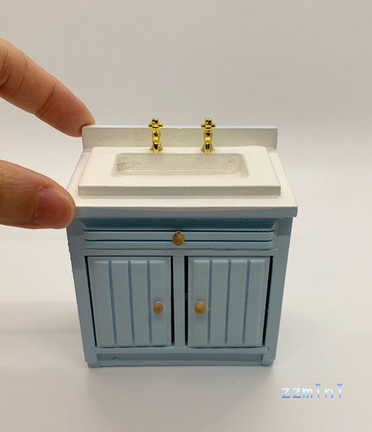 4pc Kitchen set Dollhouse Blue Miniature Cupboard Corner Stove Sink Cabinet