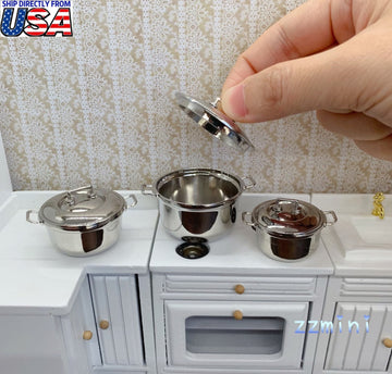 1:12 Dollhouse Miniatures 3PCS kitchen Real Mini Cooking Soup Pot With Lid Cookware Mini Kitchen Decoration Toy