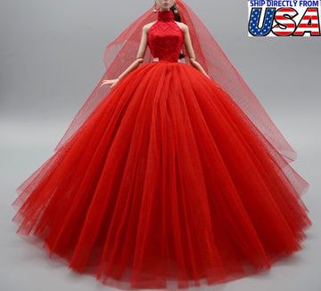 1:6 Fashion Doll Princess Wedding Dress for 11.5in Long Evening Dresses Doll Clothes Red Party Dress With Free Head Veil