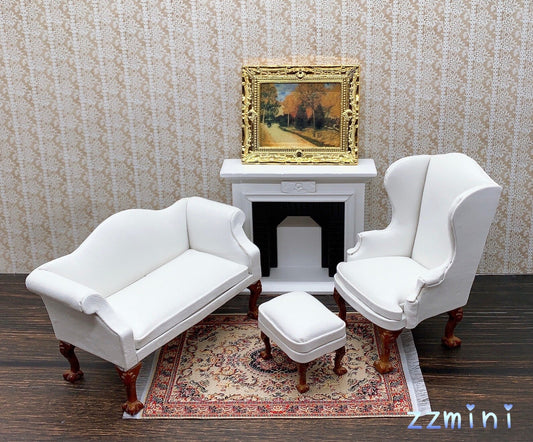 1/12 Sofa Dollhouse Miniature 2PCS For 1 Set Handcrafted White Artificial Leather Wing Armchair and Ottoman Footstool Furniture