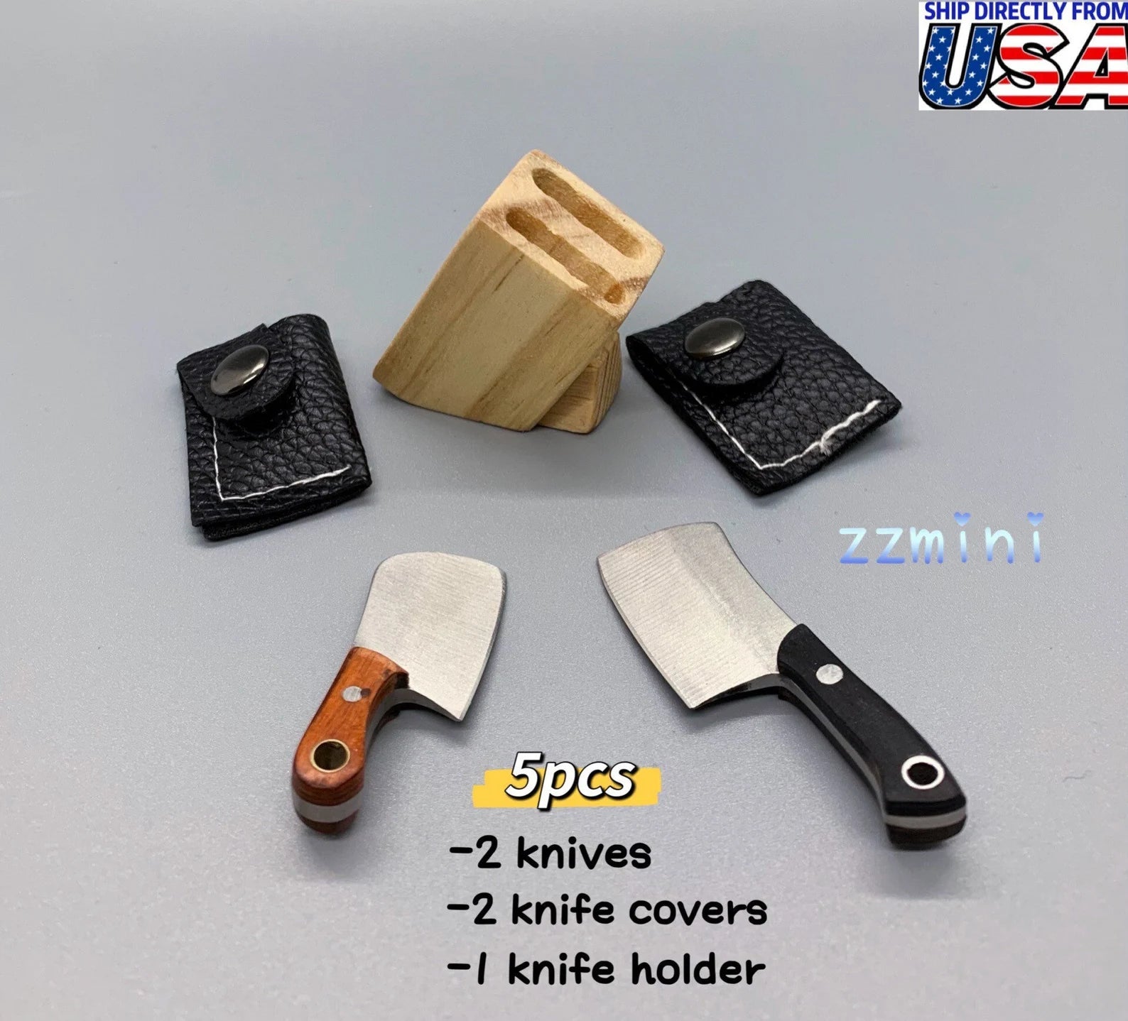 Real Mini Cooking World Smallest Tiny Working Pocket EDC Stainless Steel Knife Keychain and Wooden Knife Holder For Cooking Tiny Food Show