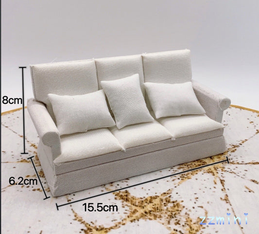 1/12 Dollhouse Miniature White Farmhouse Armchair Cloth Double Sofa Couch Model Furniture Decoration