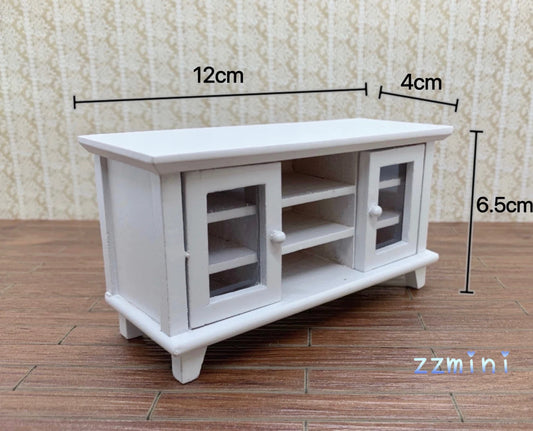 1:12 Dollhouse Miniature White Wooden TV Stand Cabinet 2 Swing Doors 3 Tier Shelves Living Room Furniture Toy Decoration