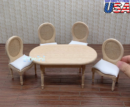 1/12 Dollhouse Miniature 9PCS Wood Dining Table Chair Seat Cushion Kitchen Dining Table Set DIY Furniture