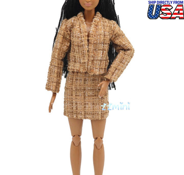 11.5'' Fashion Doll Light Gold Tweed Long Sleeve Mini Dress Suit Outfit