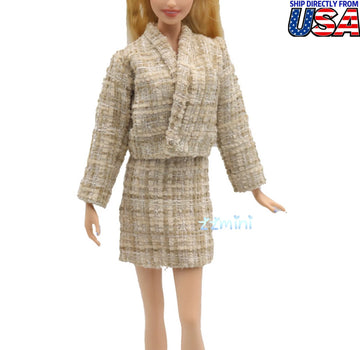 11.5'' Fashion Doll Cream Tweed Long Sleeve Mini Dress Suit Outfit For Fashion Royalty Silkstone BJD Dresses Clothes