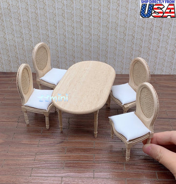 1/12 Dollhouse Miniature 9PCS Wood Dining Table Chair Seat Cushion Kitchen Dining Table Set DIY Furniture