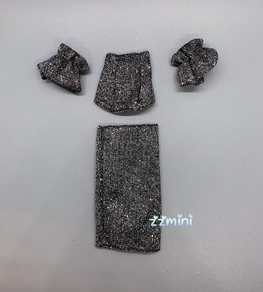 4PCS Fashion Doll BLACK and SILVER Dress Suit Top and Long Skirt Outfit For 11.5in Fashion Royalty Silkstone BJD Dresses Clothes
